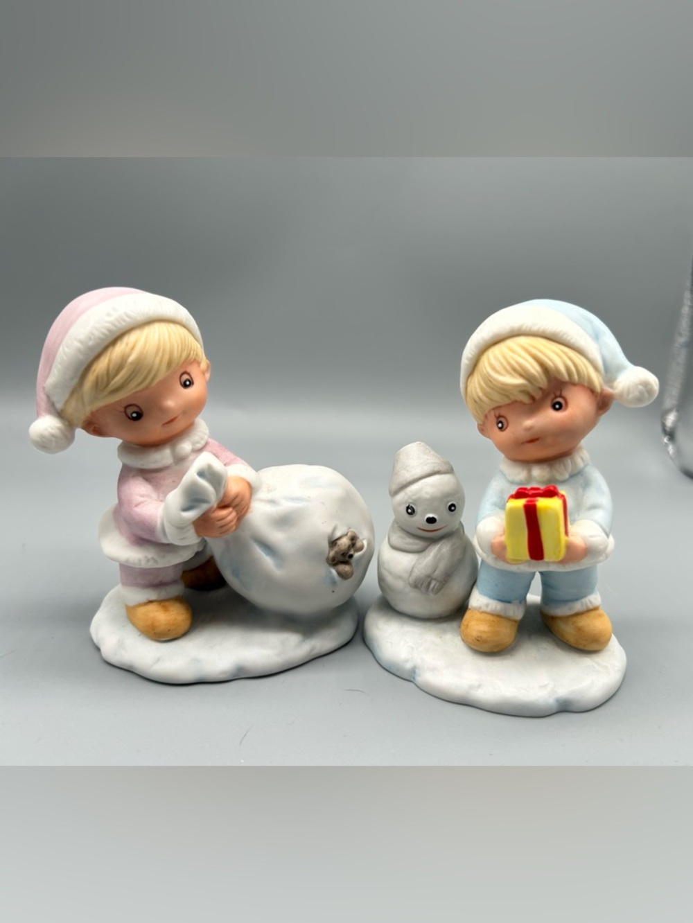 Vintage Homco Snow Kids Figurines - Pink & Blue Holiday Set